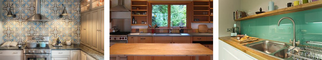 Three different kitchen backsplashes: tile, pattern, and colored glass