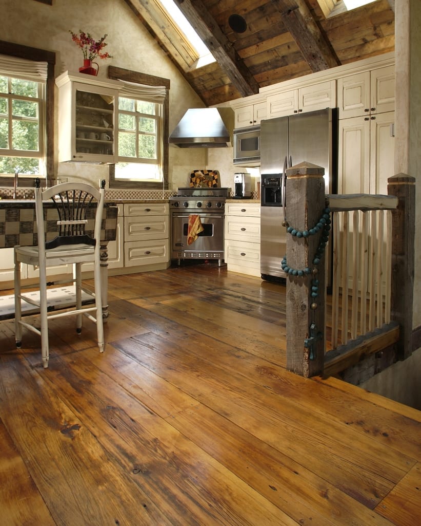 milled barn wood flooring in kitchen