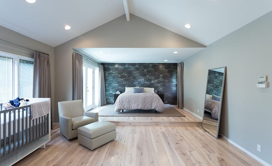 Contemporary Bedroom with Whitewashed Hickory Floors