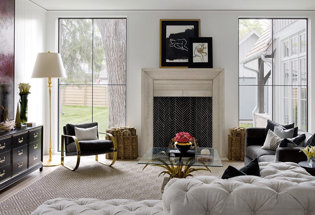 A timeless living room with modern gold touches